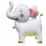 Balon din folie 3D in forma de elefant alb stand in picioare cu trompa ridicata ureche roz si detalii aurii elegante pe burtica trompa si picioare