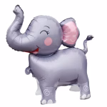Balon din folie 3D in forma de elefant gri stand in picioare cu trompa ridicata in sus ureche cu interior roz obraz roz zambet si coada la spate