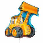 Balon din folie metalizată în formă de excavator galben detaliat cu cupa frontală ridicată și roți mari conturate, având accente de cer albastru în partea superioară
