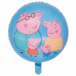 Balon din folie rotund cu fundal albastru senin ilustrand intreaga familie Peppa Pig respectiv Daddy Pig purtand ochelari Mummy Pig Peppa si micutul George zambind fericiti