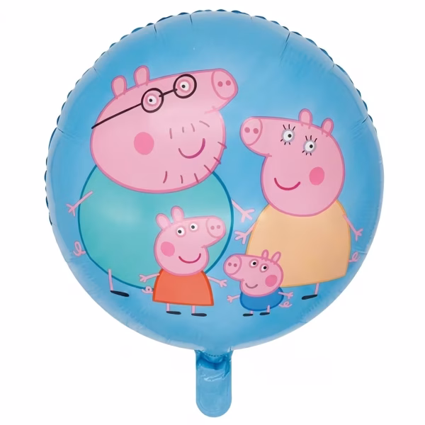 Balon din folie rotund cu fundal albastru senin ilustrand intreaga familie Peppa Pig respectiv Daddy Pig purtand ochelari Mummy Pig Peppa si micutul George zambind fericiti