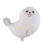 Balon din folie în formă de focă, de culoare gri deschis, decorat cu o față zâmbitoare adorabilă, obrăjori roz și accente fine din linii aurii