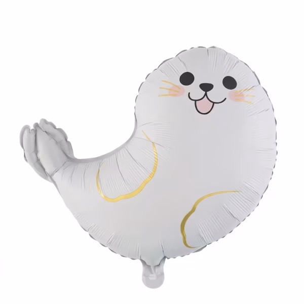 Balon din folie în formă de focă, de culoare gri deschis, decorat cu o față zâmbitoare adorabilă, obrăjori roz și accente fine din linii aurii