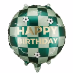 Balon din folie rotund avand un fundal cu model in sah in nuante de verde inchis si deschis decorat cu mingi de fotbal alb cu negru scheme tactice cu sageti albe si mesajul central Happy Birthday scris cu litere mari aurii