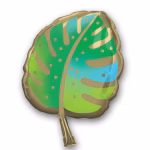 Balon din folie in forma de frunza tropicala cu gradient in nuante de verde si albastru avand contur nervuri si buline aurii
