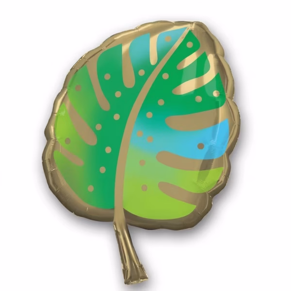 Balon din folie in forma de frunza tropicala cu gradient in nuante de verde si albastru avand contur nervuri si buline aurii