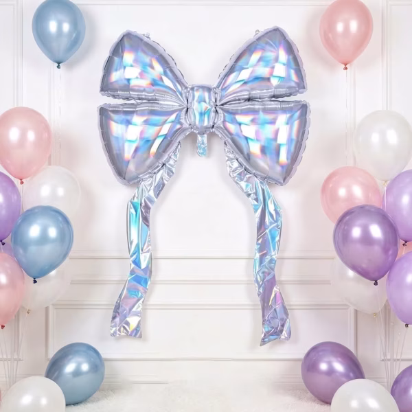 Balon gigant din folie în formă de fundiță cu panglici lungi, având un finisaj iridiscent care reflectă nuanțe holografice pastelate, fixat pe un perete elegant de culoare albă