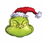 Balon din folie metalizată decupat în formă de chip al personajului Grinch, de culoare verde, cu o expresie morocănoasă și ochi galbeni, purtând o căciuliță roșie de Moș Crăciun cu blăniță albă