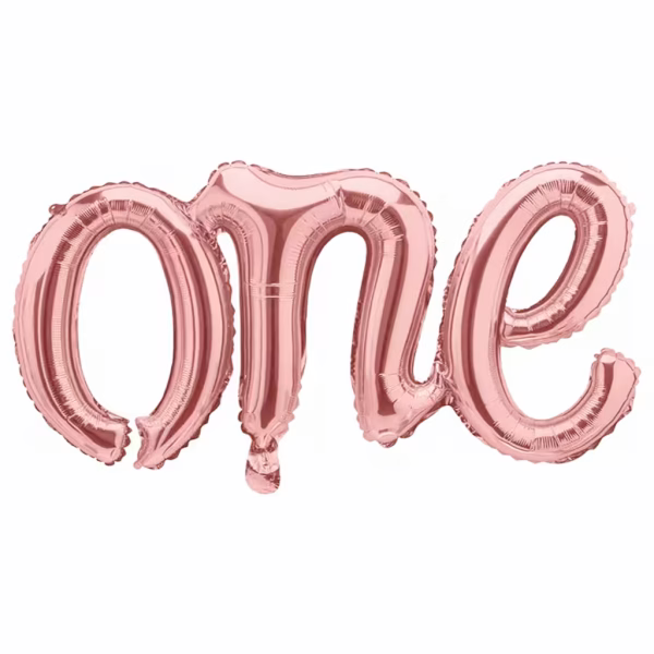 Balon din folie metalizata de culoare auriu-roz modelat elegant sub forma literelor cursive legate care formeaza cuvantul englezesc one