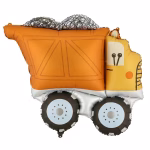 Balon din folie in forma de camion basculanta in culori asortate cu cabina galbena bena portocalie incarcata si roti mari cu jante gri