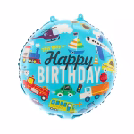 Balon rotund din folie pe fundal albastru deschis decorat cu textul Happy Birthday si diverse mijloace de transport precum elicopter tren vapor avion taxi masina de pompieri si autobuz scolar