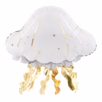 Balon din folie în formă de meduză, cu o cupolă albă decorată cu linii și steluțe aurii, având tentacule ondulate din folie aurie strălucitoare