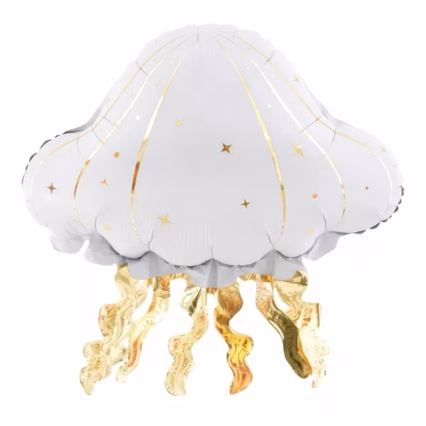 Balon din folie în formă de meduză, cu o cupolă albă decorată cu linii și steluțe aurii, având tentacule ondulate din folie aurie strălucitoare