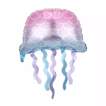 Balon din folie în formă de meduză, prezentând un gradient ombre elegant de la roz pastel la albastru deschis, decorat cu un model tip solzi pe cupolă și tentacule lungi și ondulate