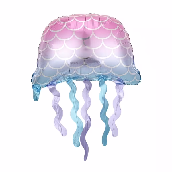 Balon din folie în formă de meduză, prezentând un gradient ombre elegant de la roz pastel la albastru deschis, decorat cu un model tip solzi pe cupolă și tentacule lungi și ondulate