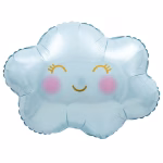 Balon din folie în formă de norișor, colorat într-o nuanță delicată de albastru pastel (bleu), decorat cu o față zâmbitoare, obrăjori roz pudrat și ochișori închiși cu gene aurii