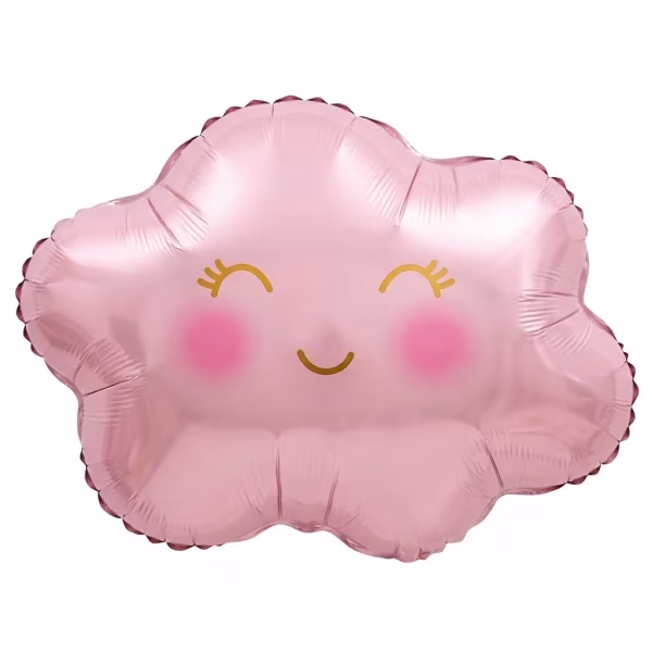 Balon din folie în formă de norișor, colorat într-o nuanță metalizată de roz pastel, decorat cu o față zâmbitoare blândă, obrăjori roz aprins și ochișori închiși conturați cu auriu