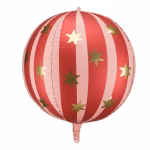 Balon din folie in forma de sfera perfecta tip orbz decorat cu dungi verticale rosii si roz deschis presarat elegant cu stele aurii de diferite dimensiuni