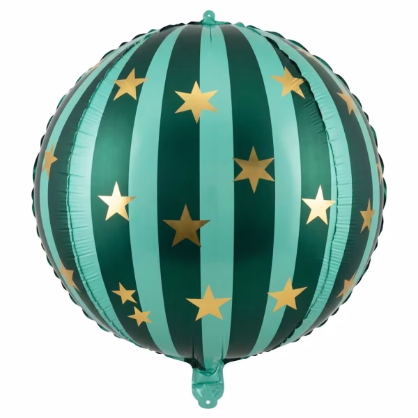 Balon din folie in forma de sfera perfecta tip orbz decorat cu dungi verticale in nuante de verde inchis si verde deschis menta presarat elegant cu stele aurii de diferite dimensiuni