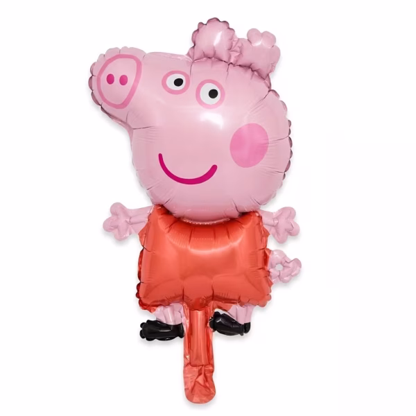 Balon din folie decupat pe contur in forma personajului Peppa Pig ilustrat zambind cu un obraz roz si purtand clasica sa rochita rosie si pantofi negri