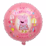 Balon din folie rotund de culoare roz cu Peppa Pig in centru purtand o rochita cu flori si cizme aurii inconjurata de corturi de circ baloane trofeu inimioare si textul MY FANTASTIC GOLDEN WELLIES