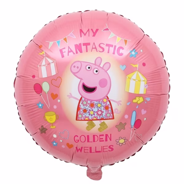 Balon din folie rotund de culoare roz cu Peppa Pig in centru purtand o rochita cu flori si cizme aurii inconjurata de corturi de circ baloane trofeu inimioare si textul MY FANTASTIC GOLDEN WELLIES