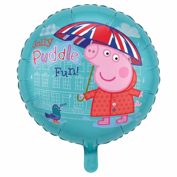 Balon din folie rotund cu fundal turcoaz ilustrand-o pe Peppa Pig purtand o pelerina de ploaie rosie cu buline si cizme roz in timp ce tine o umbrela cu steagul Marii Britanii alaturi de un porumbel si textul Jolly Puddle Fun