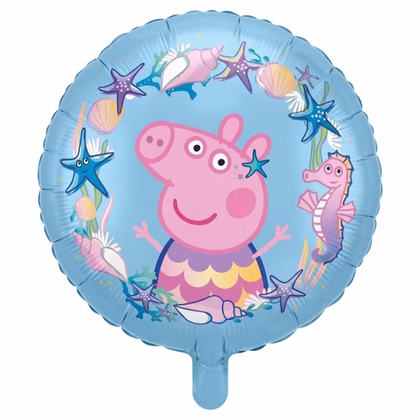 Balon din folie rotund cu fundal albastru marin ilustrand-o central pe Peppa Pig costumata in sirena cu o coada multicolora inconjurata de o ghirlanda din scoici stelute de mare alge si un calut de mare roz