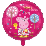 Balon din folie rotund cu fundal roz fucsia ilustrand-o pe Peppa Pig in cizme galbene intr-o baltoaca de noroi purtand o rochita cu flori si o medalie cu numarul 1 in timp ce tine un trofeu auriu inconjurata de copaci cu frunze in forma de inimi si textul TOP PUDDLE JUMPER