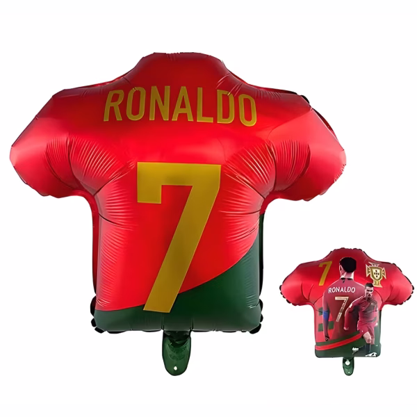 Balon din folie metalizată decupat în formă de tricou de fotbal în culorile roșu și verde, având pe o parte inscripționat cu auriu numele Ronaldo și numărul 7, iar pe cealaltă parte o imagine cu fotbalistul și emblema Portugaliei