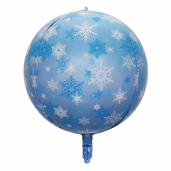 Balon din folie metalizată de tip Orbz, cu formă perfect sferică, având un fundal gradient albastru deschis decorat cu un model spectaculos de fulgi de nea cristalizați, de diferite forme și mărimi, în nuanțe de alb și albastru închis