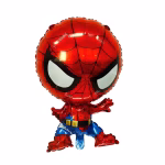 Balon din folie metalizată decupat în formă de figurină reprezentându-l pe supereroul Spiderman având un design stilizat cu capul supradimensionat, purtând costumul clasic roșu cu albastru și model de pânză de păianjen