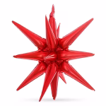 Balon din folie metalizată de culoare roșie intensă, asamblat sub forma unei stele tridimensionale (stea magică sau starburst) cu colțuri ascuțite multiple îndreptate în toate direcțiile