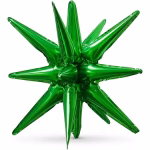 Balon din folie metalizată de culoare verde intens, asamblat sub forma unei stele tridimensionale (stea magică sau starburst) cu colțuri multiple ascuțite îndreptate în toate direcțiile