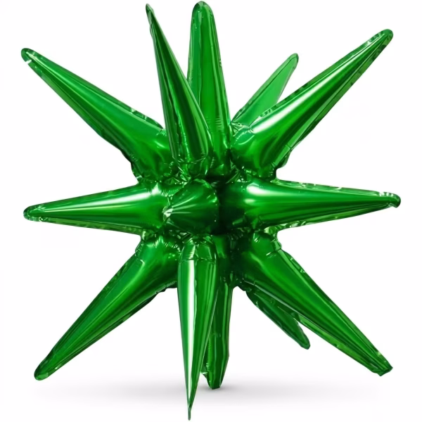 Balon din folie metalizată de culoare verde intens, asamblat sub forma unei stele tridimensionale (stea magică sau starburst) cu colțuri multiple ascuțite îndreptate în toate direcțiile