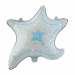Balon din folie în formă de stea de mare, colorat într-o nuanță de albastru pastel (bleu), decorat cu un contur albastru, o steluță centrală și buline aurii elegante