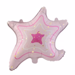 Balon din folie în formă de stea de mare, colorat într-o nuanță de roz pastel, decorat cu un contur interior fuchsia, o steluță centrală și buline aurii elegante