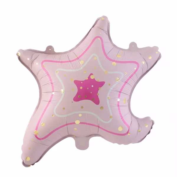 Balon din folie în formă de stea de mare, colorat într-o nuanță de roz pastel, decorat cu un contur interior fuchsia, o steluță centrală și buline aurii elegante