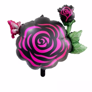 Balon Din Folie Metalizată În Formă De Trandafir Cu Fundal Negru Și Contururi Vibrante Fuchsia Pe Petale, Accesorizat Cu Frunze Verzi, Un Boboc Mic Și Un Fluturaș Roz Așezat Pe Marginea Florii