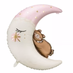 Balon din folie in forma de luna in nuanta crem cu scufie roz si buline aurii pe care doarme un ursulet maro