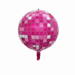 Balon Din Folie Metalizată Perfect Sferic, De Tip Orbz, Decorat Cu Un Imprimeu Tip Glob Disco Format Dintr-Un Model Grilă Cu Pătrate Lucioase În Nuanțe De Roz Fucsia, Roz Deschis Și Argintiu