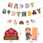 Banner din carton cu mesajul Happy Birthday unde literele sunt stilizate ca animale de fermă și elemente rustice, însoțit de o ghirlandă cu un hambar roșu cu mesajul WELCOME, moară de vânt, porcușor, văcuță și puișor