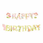 Banner de petrecere cu mesajul Happy Birthday format din litere roz si verzi decorate cu liane flori de camp ciupercute rosii si zane delicate cu aripi