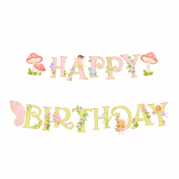 Banner de petrecere cu mesajul Happy Birthday format din litere roz si verzi decorate cu liane flori de camp ciupercute rosii si zane delicate cu aripi