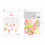 Set de opt decoratiuni suspendate tip spirala in culori pastelate de verde roz si mov de care sunt atasate ornamente decupate din carton reprezentand zane delicate o ciuperca rosie o floare roz si fluturi