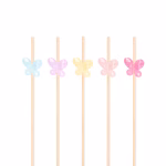 Set de betisoare pentru gustari din bambus decorate cu fluturi din plastic in culori pastelate incluzand albastru mov galben roz deschis si roz intens