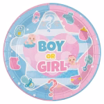 Farfurie din carton de 18 cm cu design impartit in sectiuni roz si bleu pastelat, avand in centru textul Boy or Girl incadrat intr-o inima, inconjurat de ilustratii cu bebelusi, suzete, biberoane, zornaitoare si semne de intrebare