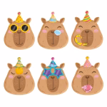 Set de 6 farfurii din carton decupate in forma fetei de capybara purtand coifuri de petrecere asortate si accesorii amuzante precum ochelari de soare rotunzi sau in forma de stea portocala pe cap si suflatori