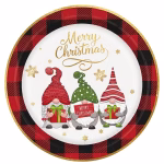 Farfurie din carton de 18 cm cu margine in carouri rosii si negre tip tartan, decorata in centru cu trei gnomi simpatici tinand cadouri si textul Merry Christmas auriu
