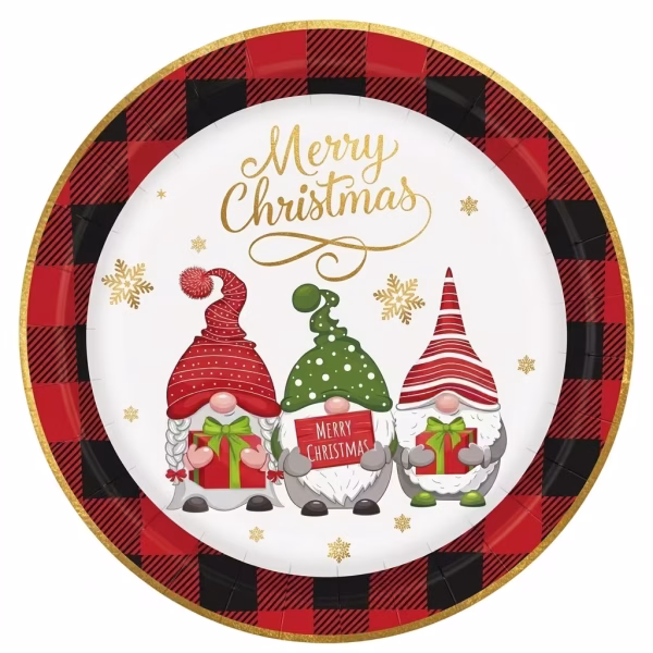 Farfurie din carton de 18 cm cu margine in carouri rosii si negre tip tartan, decorata in centru cu trei gnomi simpatici tinand cadouri si textul Merry Christmas auriu